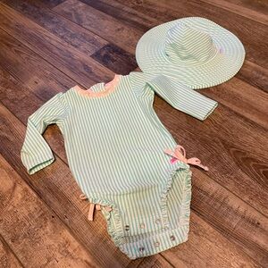 Ruffle Butts Mint Striped Romper and Hat Set 12-18m